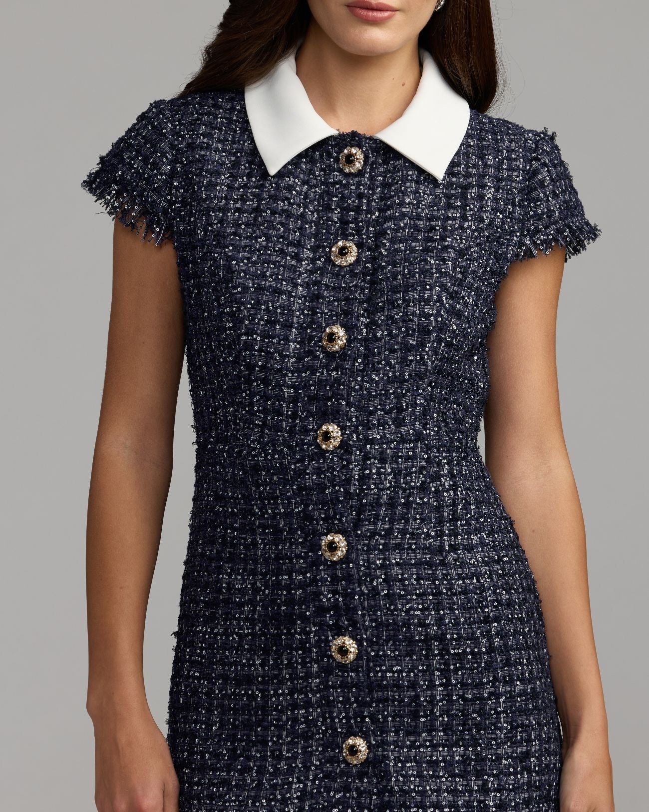 Navy Sequin Boucle Collared Mini Dress Mac Duggal