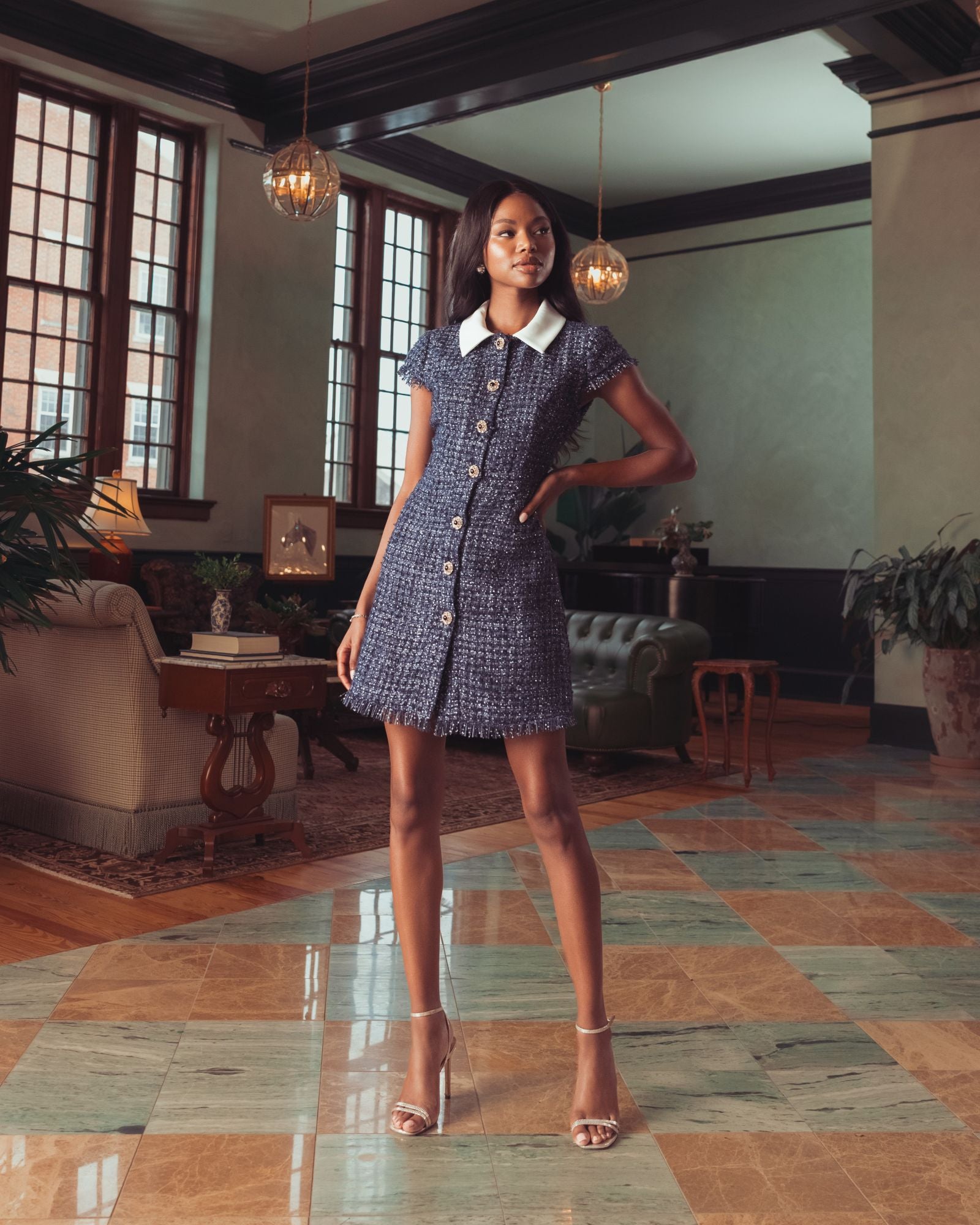 Navy Sequin Boucle Collared Mini Dress Mac Duggal