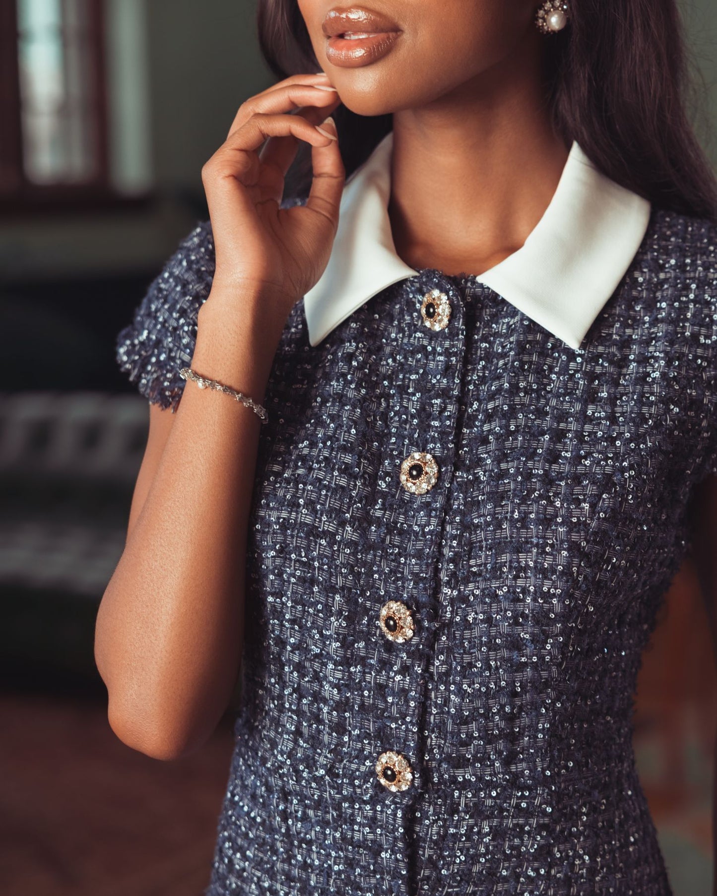 Navy Sequin Boucle Collared Mini Dress Mac Duggal