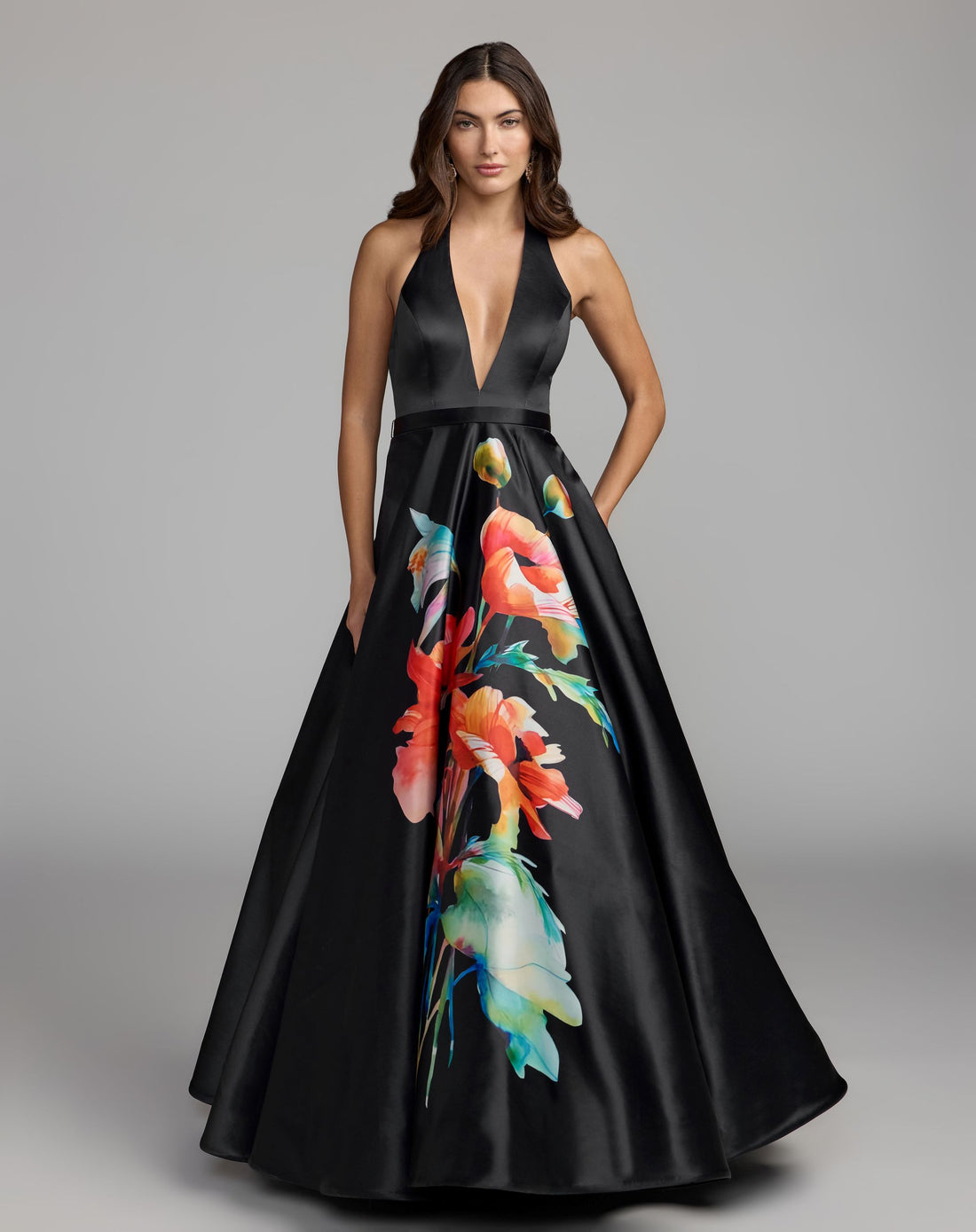 Black Multi Floral Print Halter Neck Ball Gown - Ieena for Mac Duggal