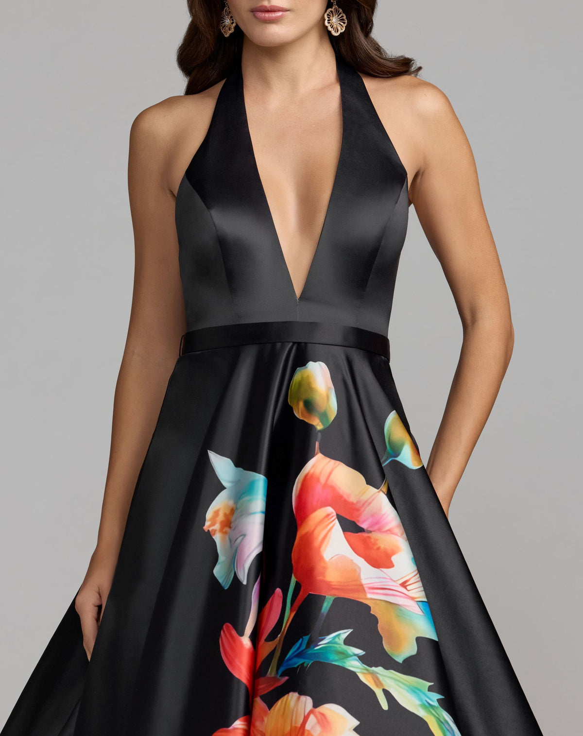 Black Multi Floral Print Halter Neck Ball Gown - Ieena for Mac Duggal