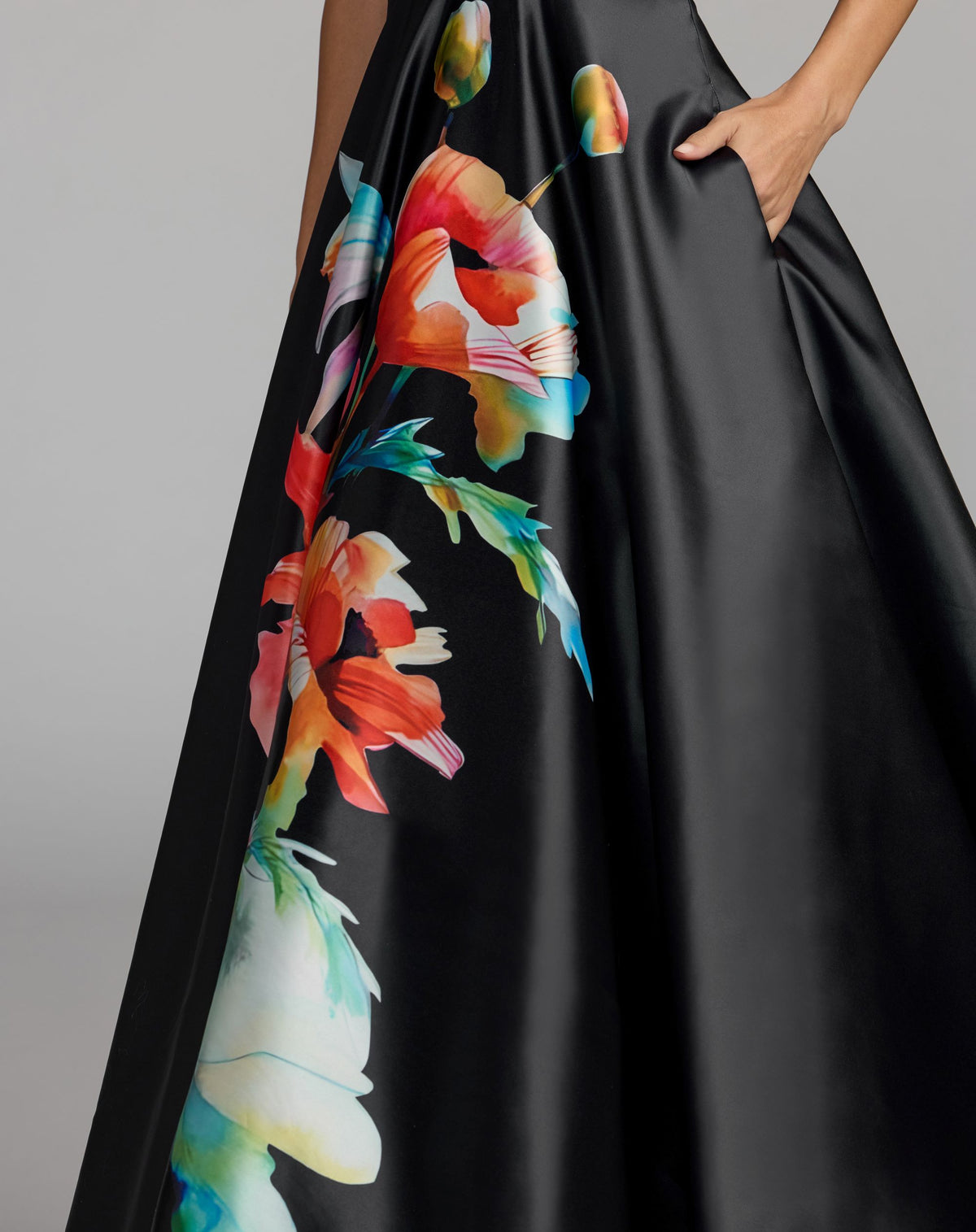 Black Multi Floral Print Halter Neck Ball Gown - Ieena for Mac Duggal