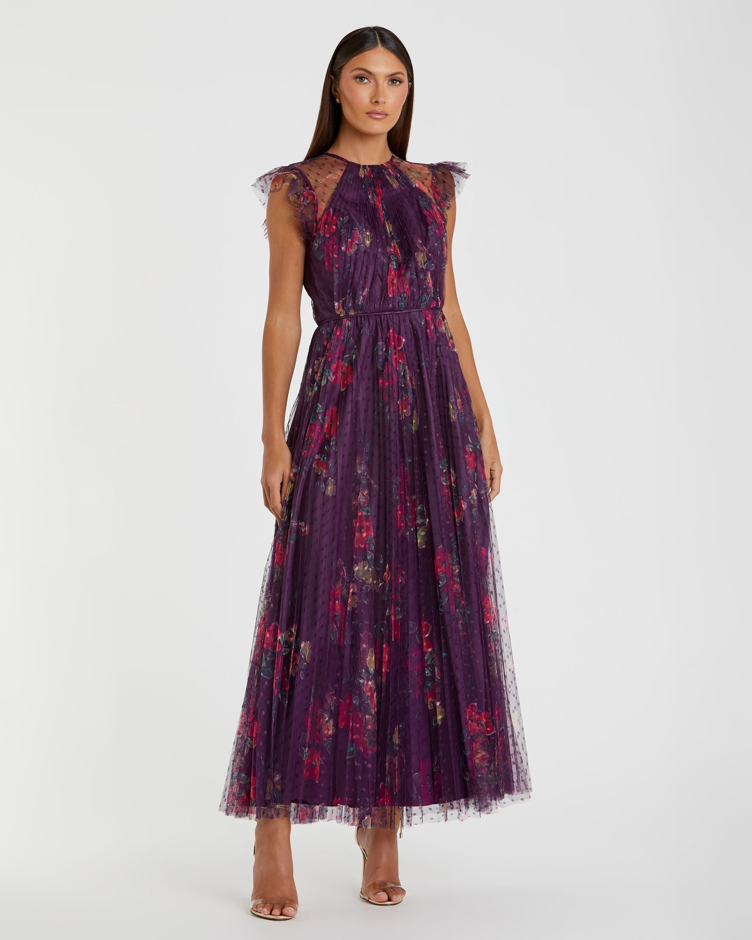 Purple Floral Flutter Sleeve Midi Dress - Ieena for Mac Duggal