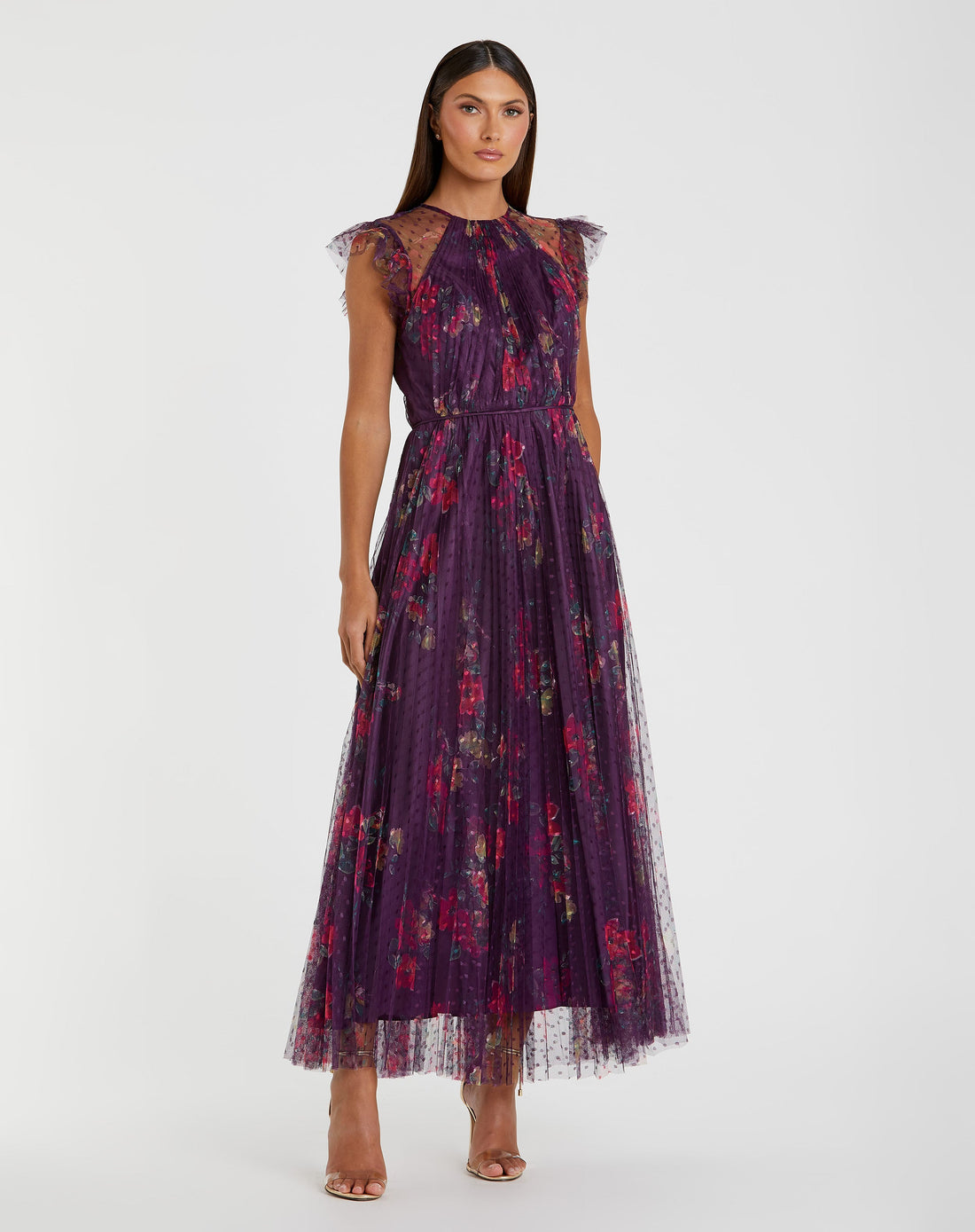 Ieena for Mac Duggal - Purple Floral Flutter Sleeve Midi Dress - Plum Multi / M Ieena for Mac Duggal - Purple Floral Flutter Sleeve Midi Dress - Plum Multi / M