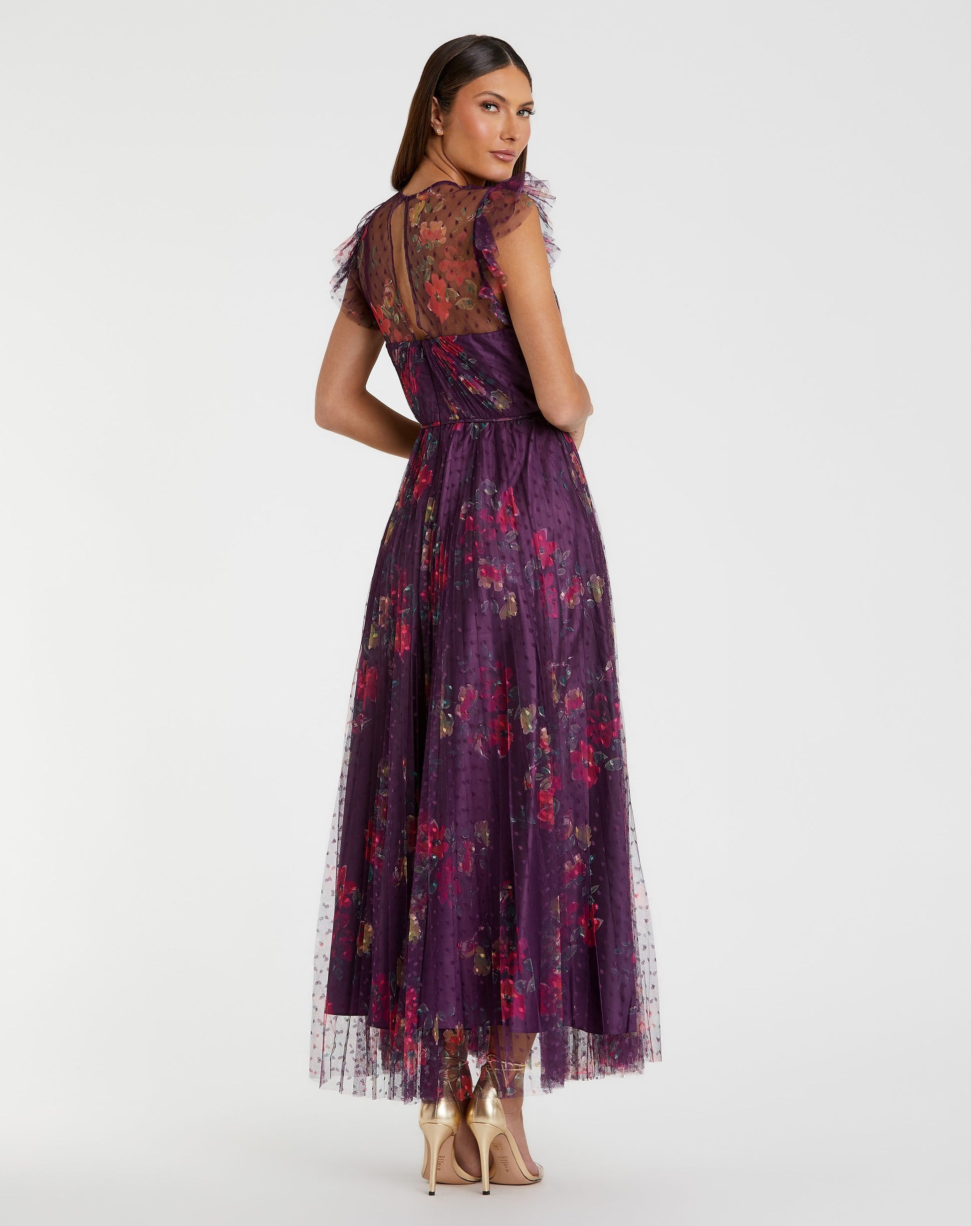 Purple Floral Flutter Sleeve Midi Dress | Mac Duggal Purple Floral Flutter Sleeve Midi Dress | Mac Duggal