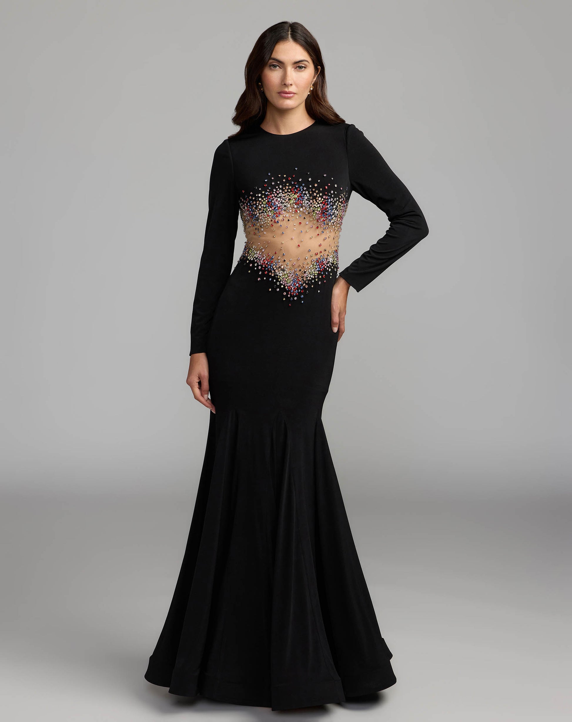 Black Crystal Embellished Illusion Jersey Gown Ieena for Mac Duggal