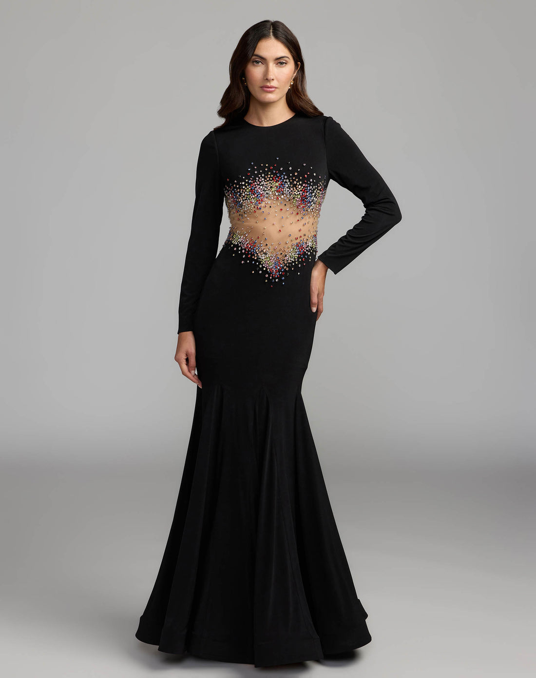 Black Crystal Embellished Illusion Jersey Gown Ieena for Mac Duggal