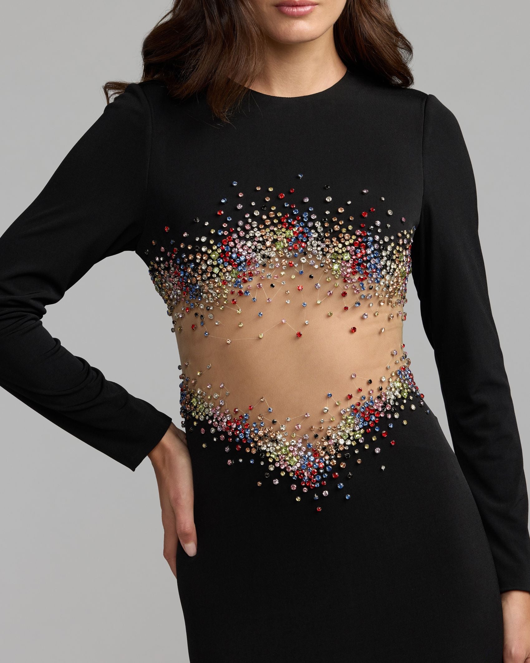 Black Crystal Embellished Illusion Jersey Gown Ieena for Mac Duggal
