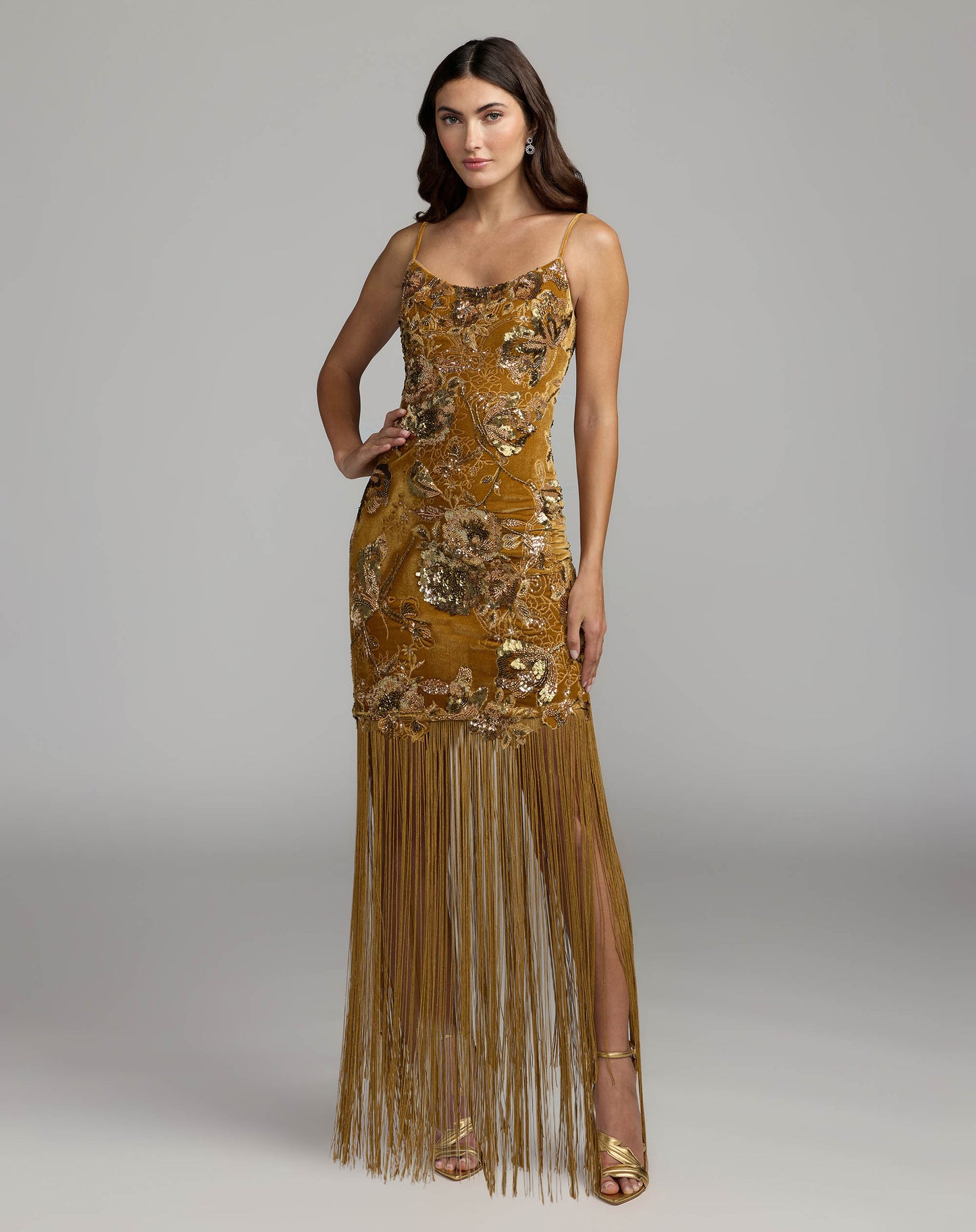 Gold Embellished Fringe Hem Velvet Mini Dress - Mac Duggal