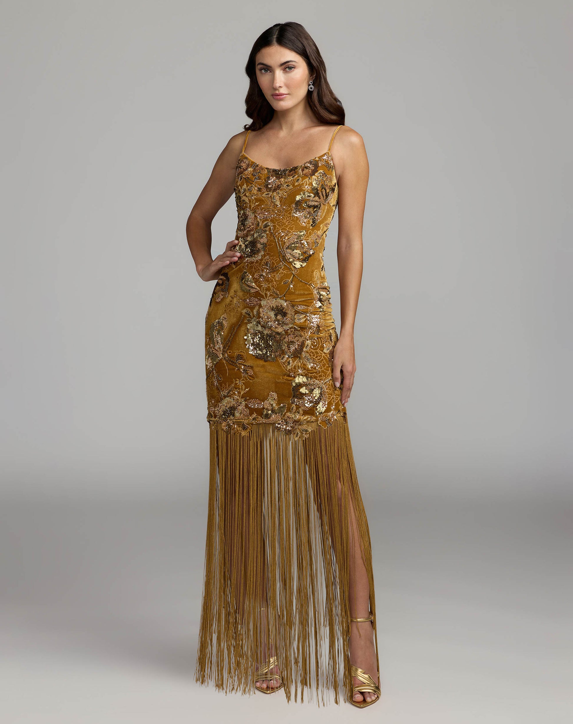Gold Embellished Fringe Hem Velvet Mini Dress - Mac Duggal