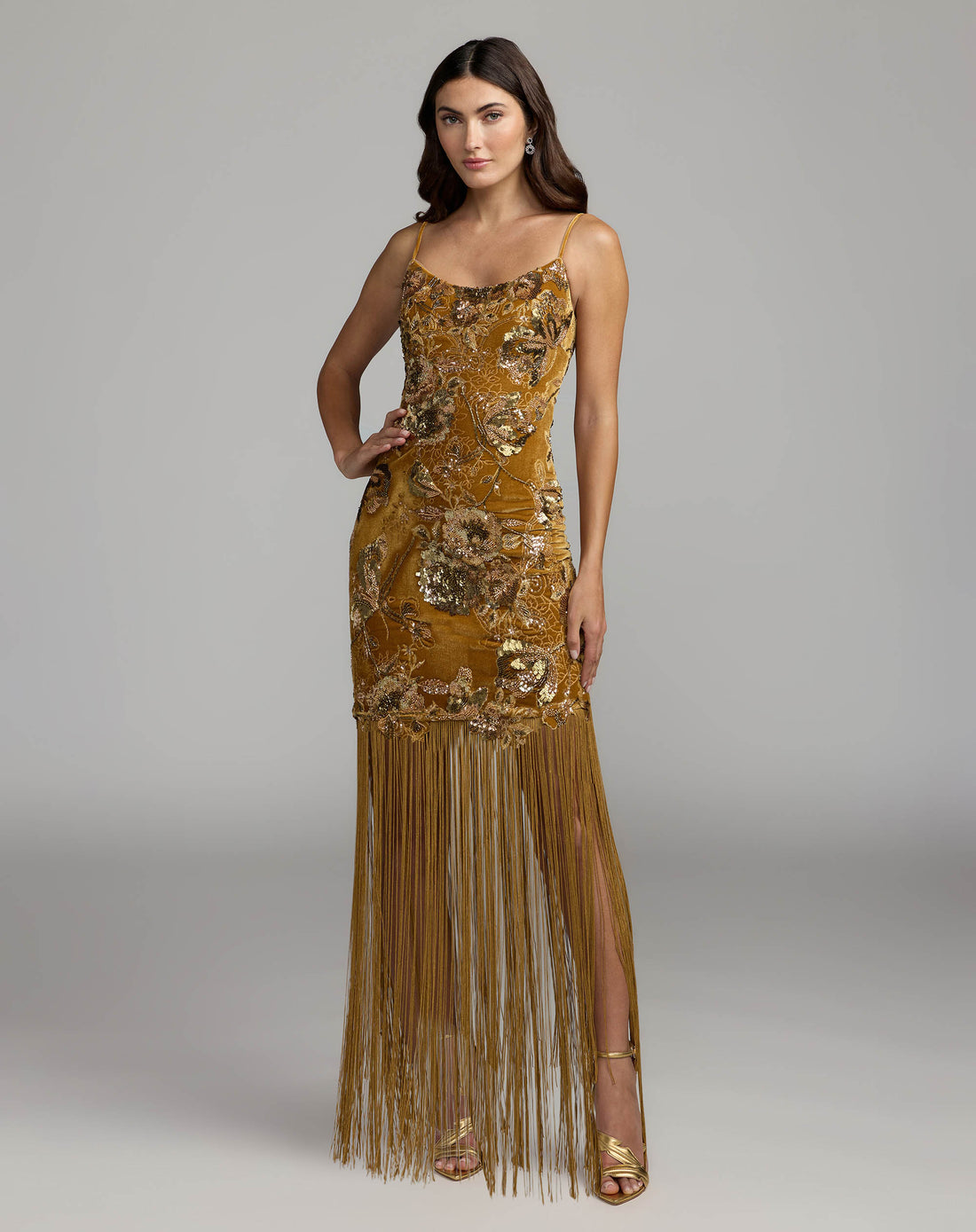 Gold Embellished Fringe Hem Velvet Mini Dress - Mac Duggal