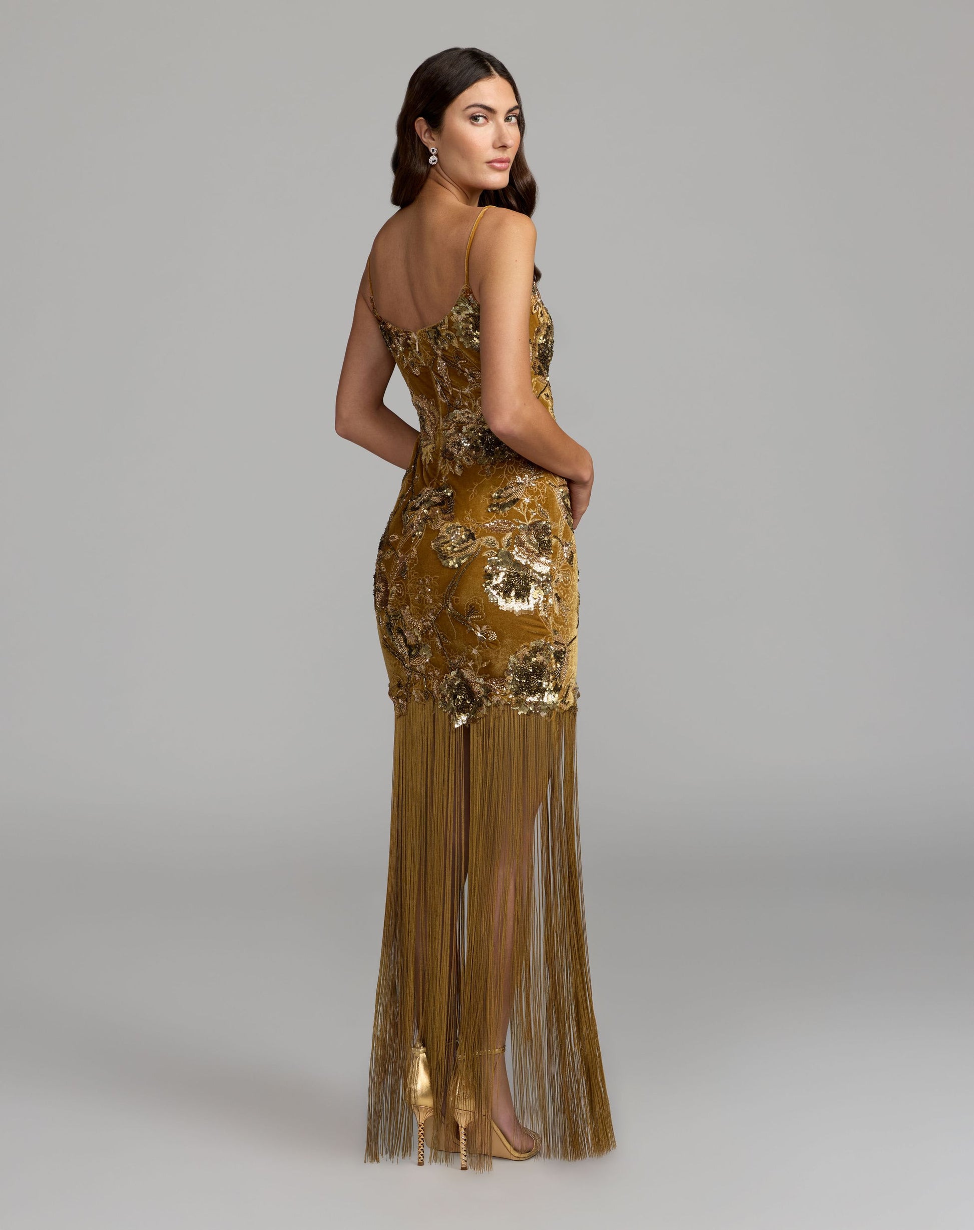 Gold Embellished Fringe Hem Velvet Mini Dress - Mac Duggal