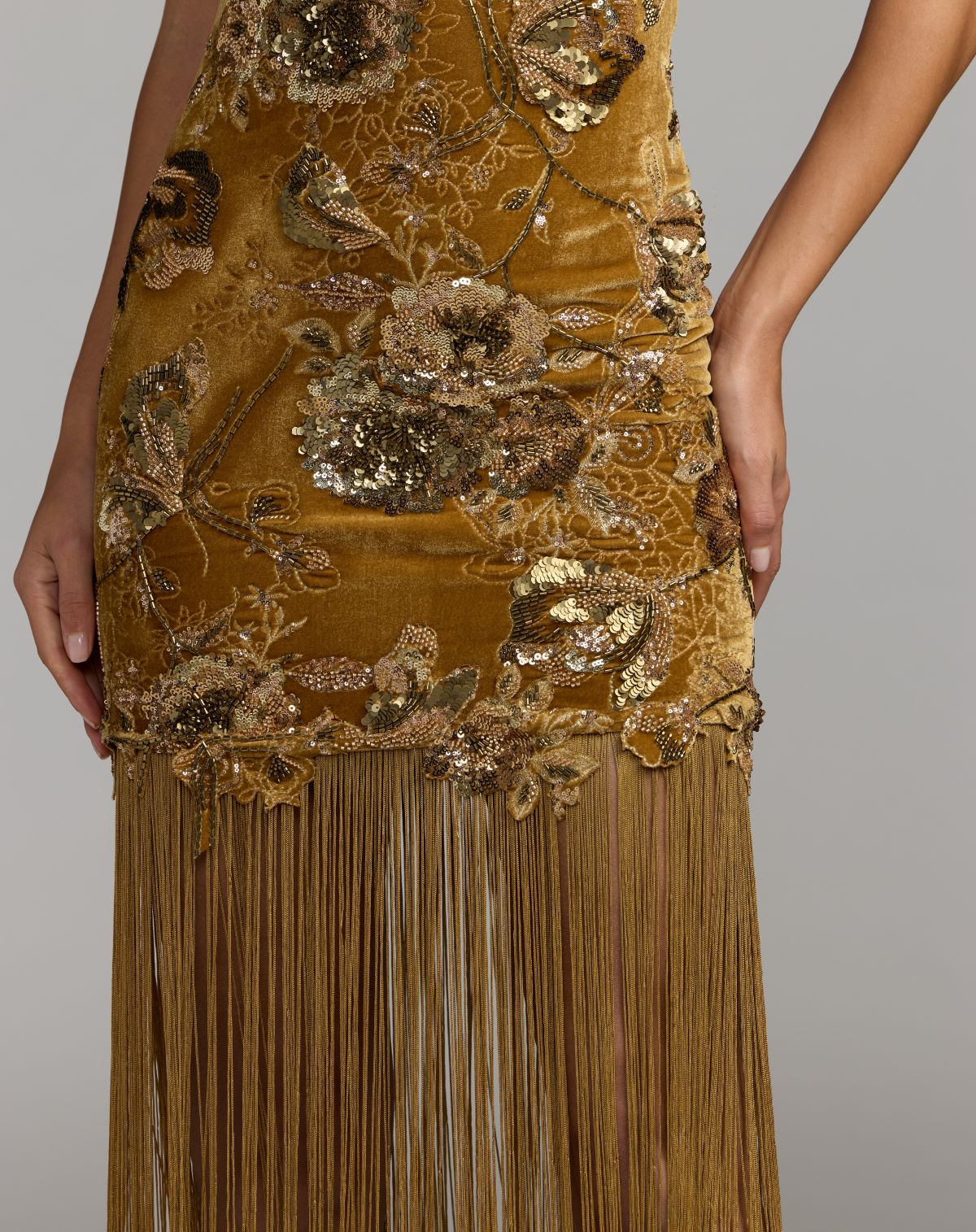 Gold Embellished Fringe Hem Velvet Mini Dress - Mac Duggal