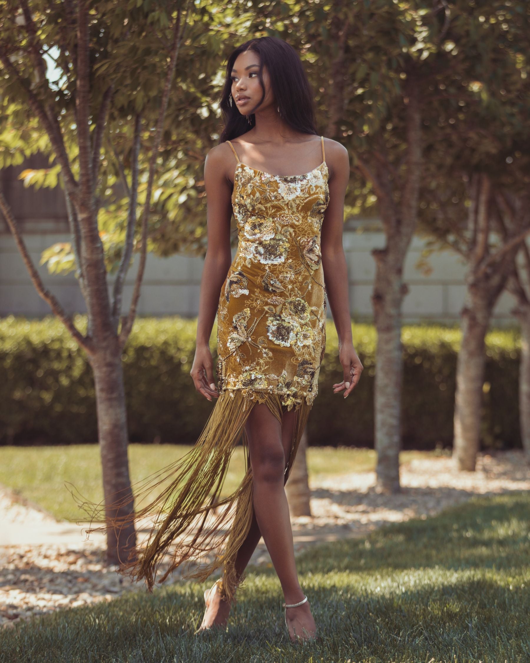 Gold Embellished Fringe Hem Velvet Mini Dress - Mac Duggal