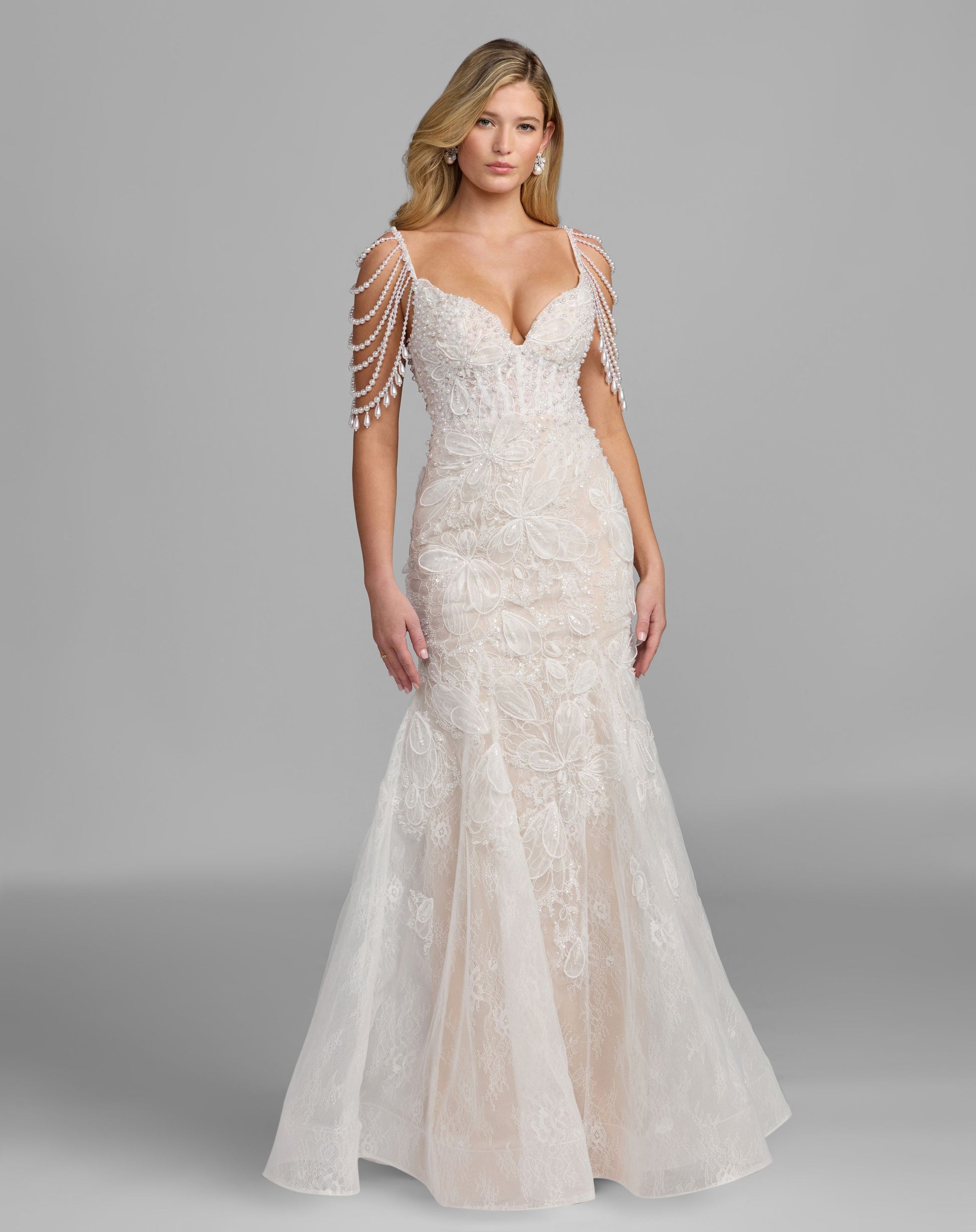 White Floral Lace Mermaid Gown With Draped Beading - Mac Duggal