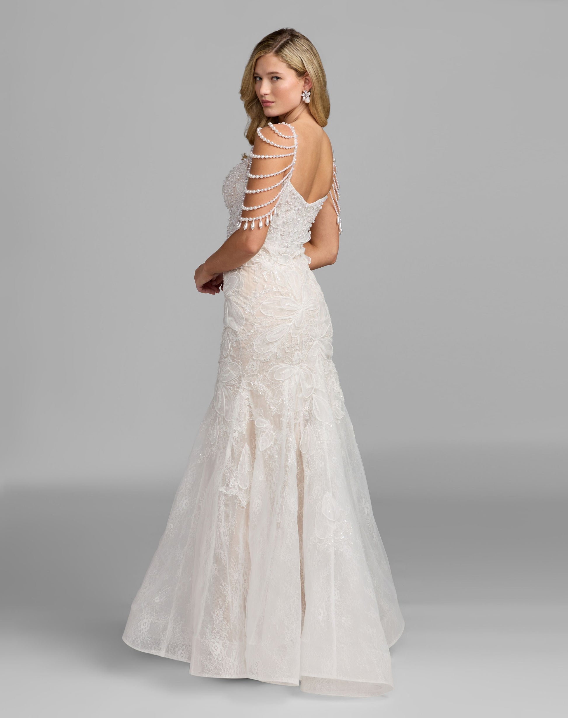 White Floral Lace Mermaid Gown With Draped Beading - Mac Duggal