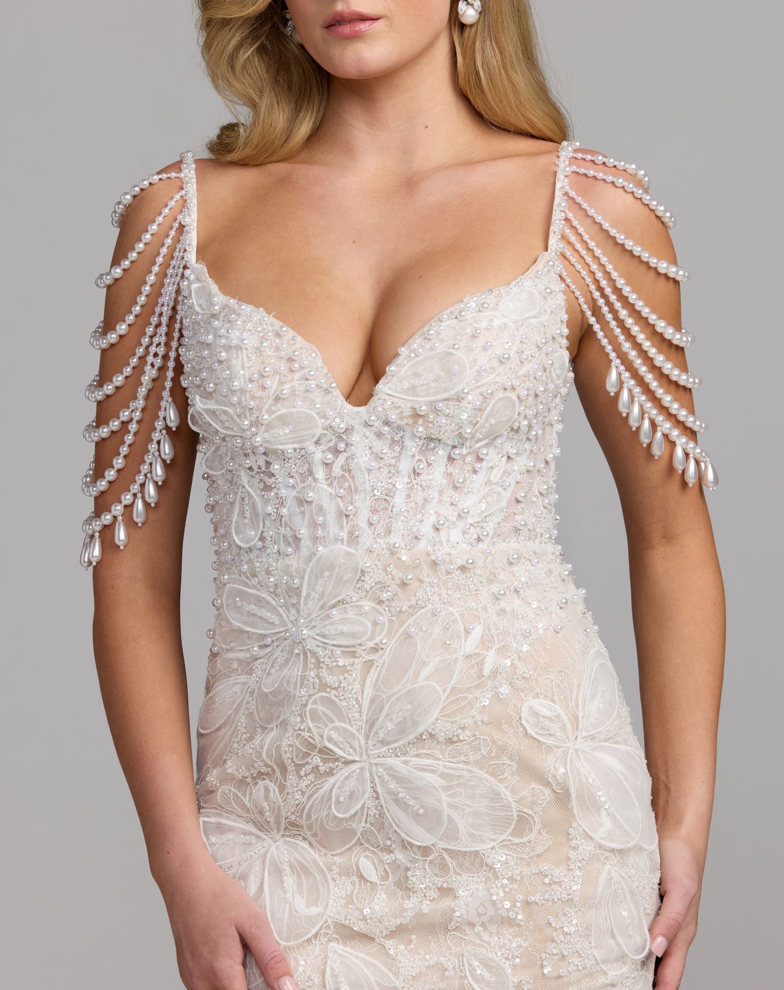 White Floral Lace Mermaid Gown With Draped Beading - Mac Duggal