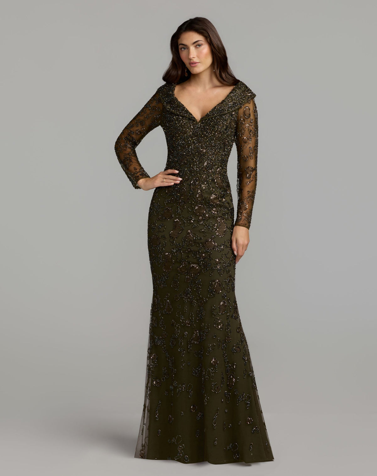 Green Portrait Collar Long Sleeve Embellished Gown - Mac Duggal