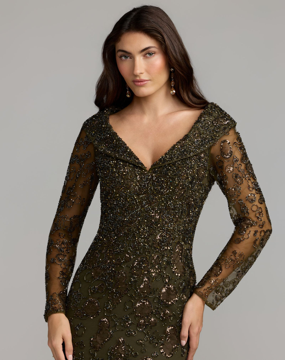 Green Portrait Collar Long Sleeve Embellished Gown - Mac Duggal
