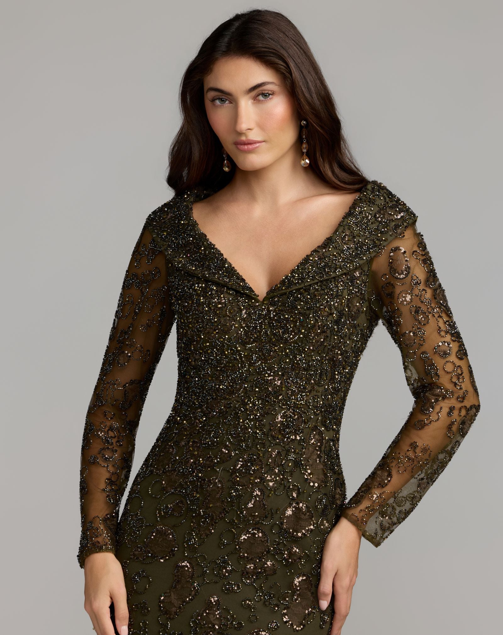 Green Portrait Collar Long Sleeve Embellished Gown - Mac Duggal
