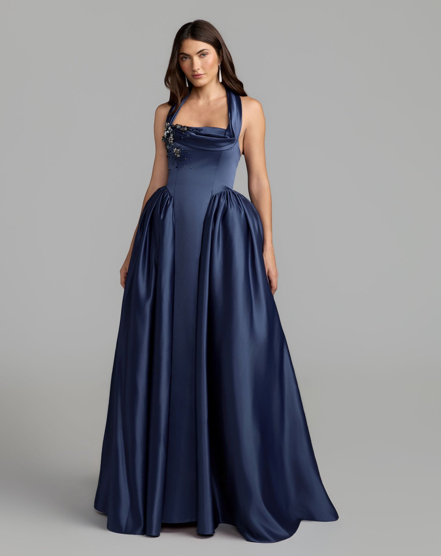 Blue Sleeveless Open Back Satin Ball Gown - Mac Duggal
