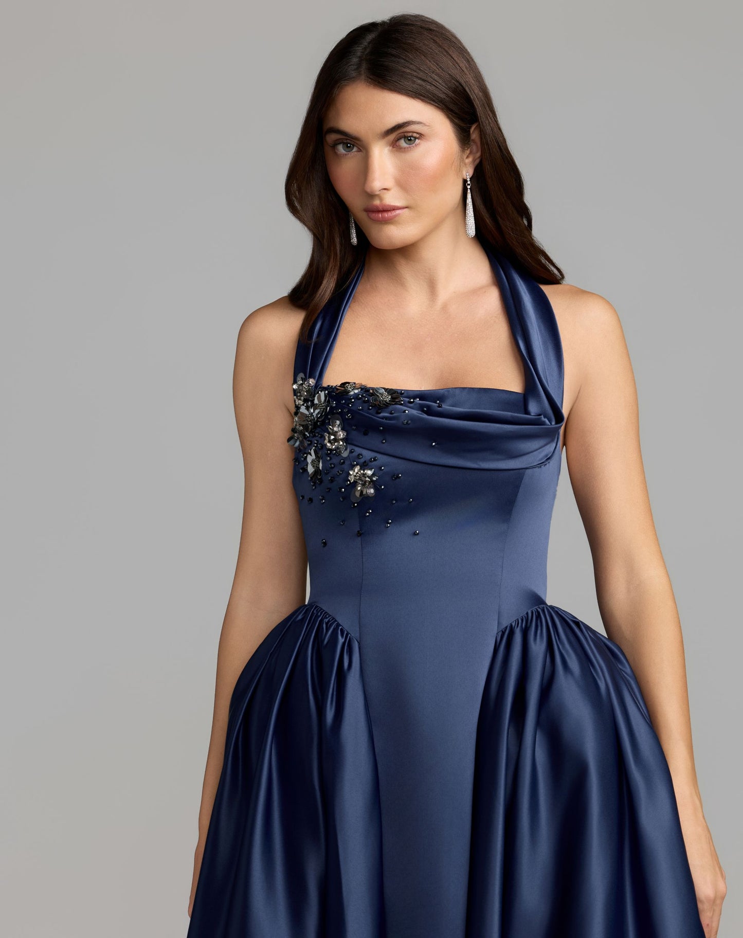 Blue Sleeveless Open Back Satin Ball Gown - Mac Duggal