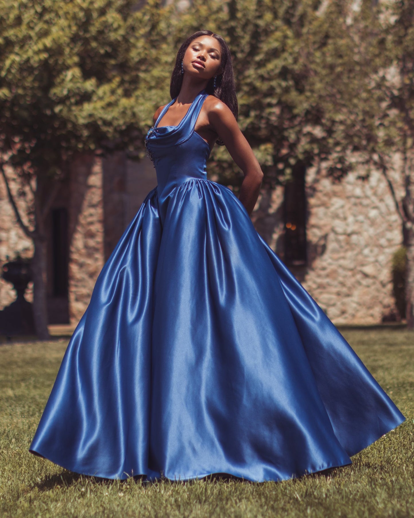 Blue Sleeveless Open Back Satin Ball Gown - Mac Duggal