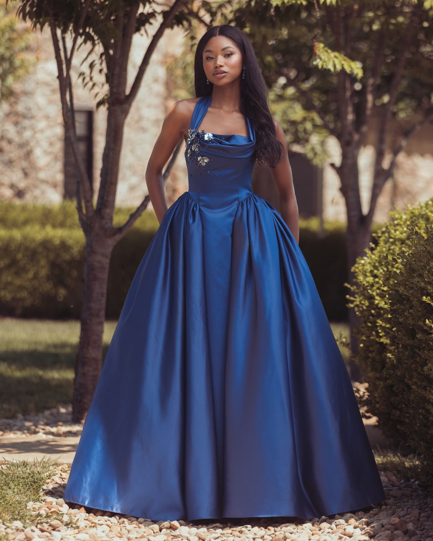 Blue Sleeveless Open Back Satin Ball Gown - Mac Duggal