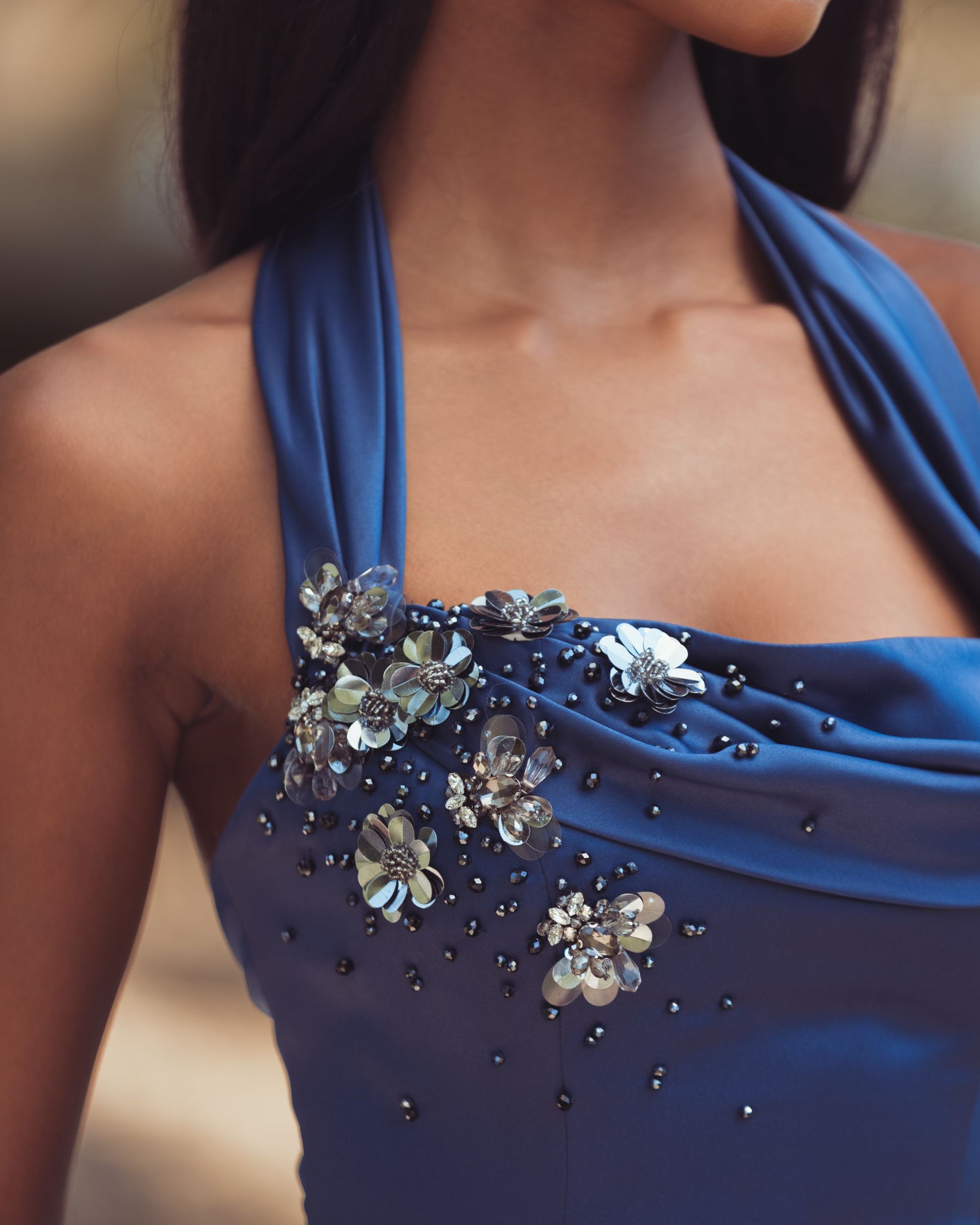 Blue Sleeveless Open Back Satin Ball Gown - Mac Duggal