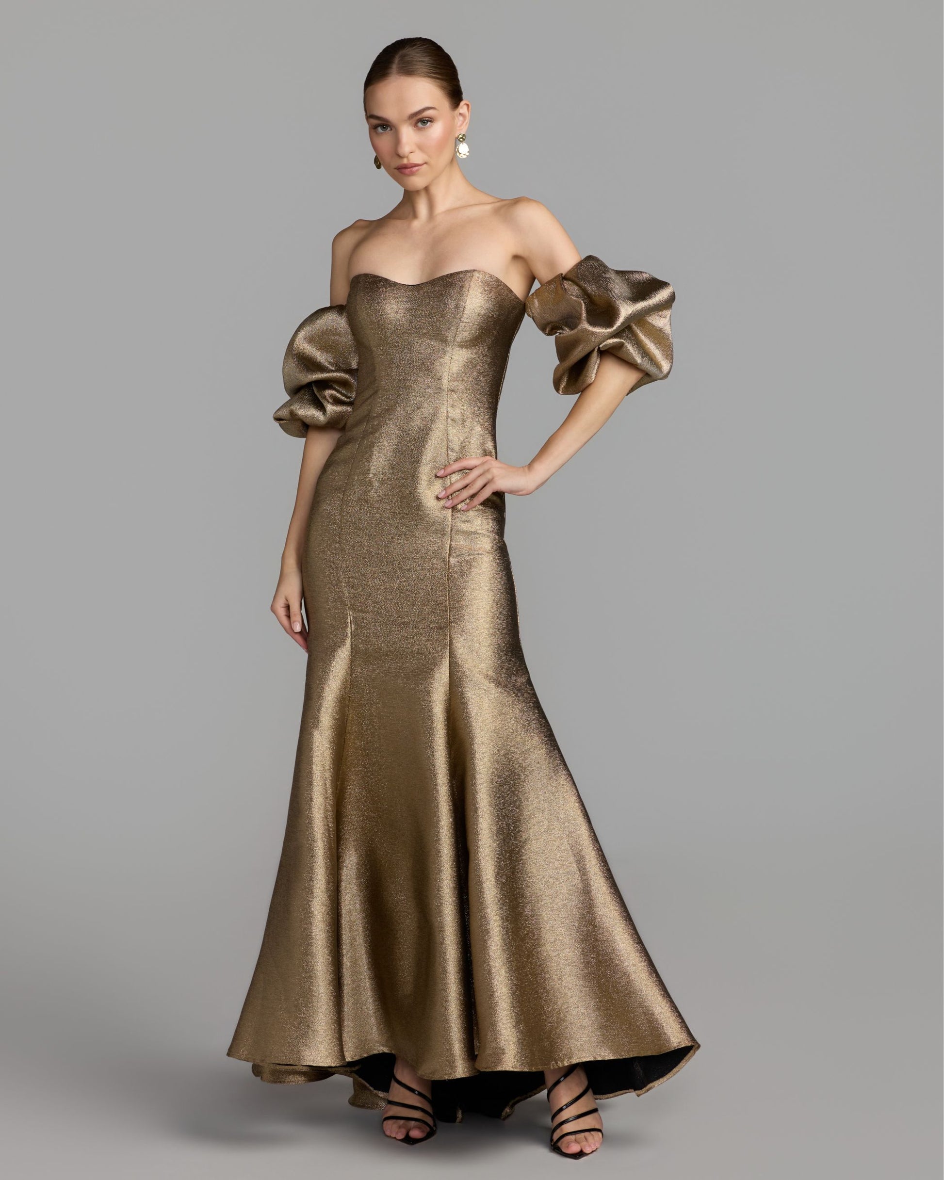 Gold Brocade Off The Shoulder Puff Sleeve Gown Ieena for Mac Duggal