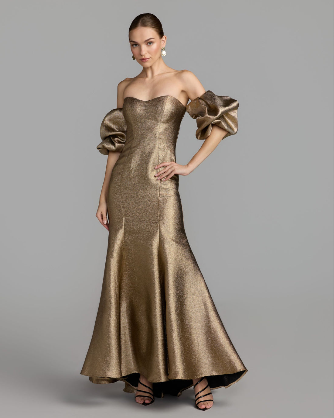 Gold Brocade Off The Shoulder Puff Sleeve Gown Ieena for Mac Duggal