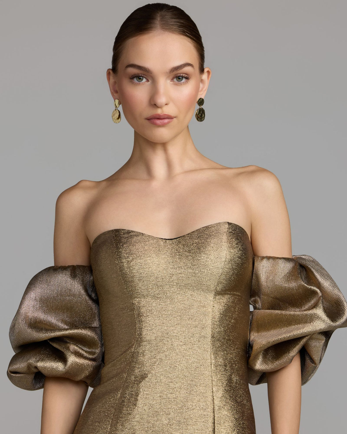 Gold Brocade Off The Shoulder Puff Sleeve Gown Ieena for Mac Duggal
