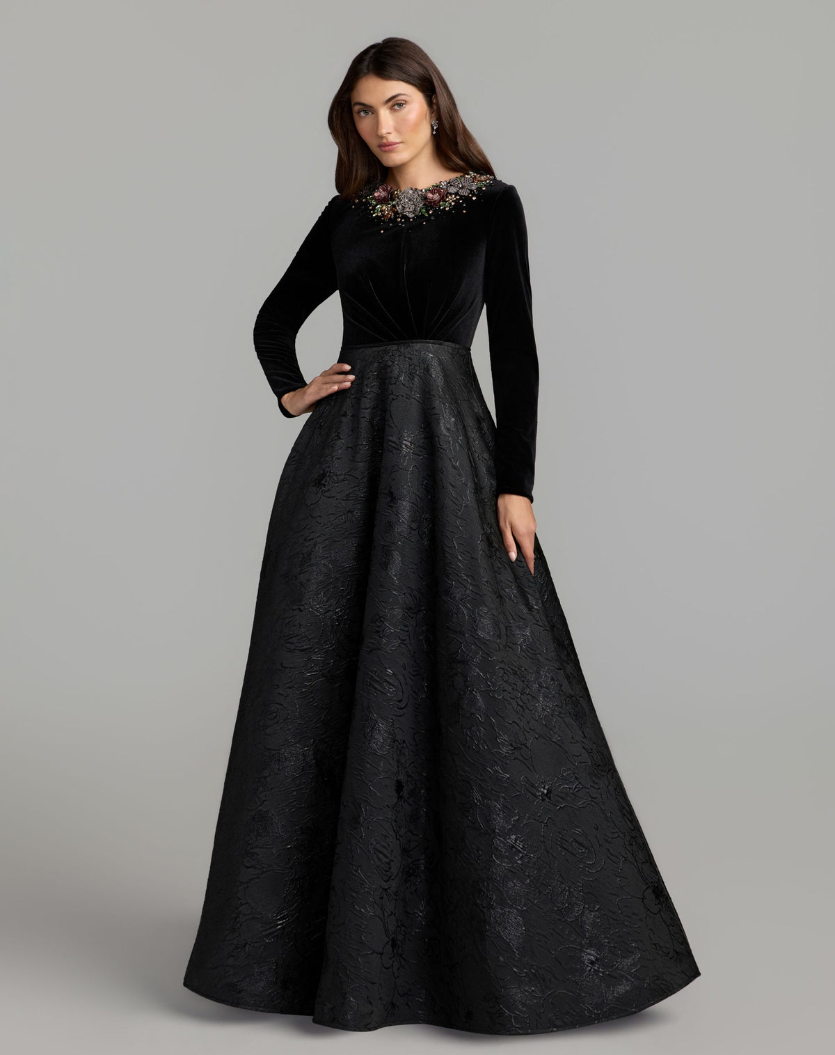 Black Multi Embellished Long Sleeve Brocade Ball Gown - Mac Duggal