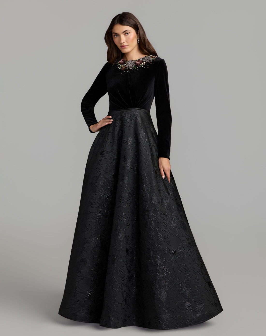 Black Multi Embellished Long Sleeve Brocade Ball Gown - Mac Duggal