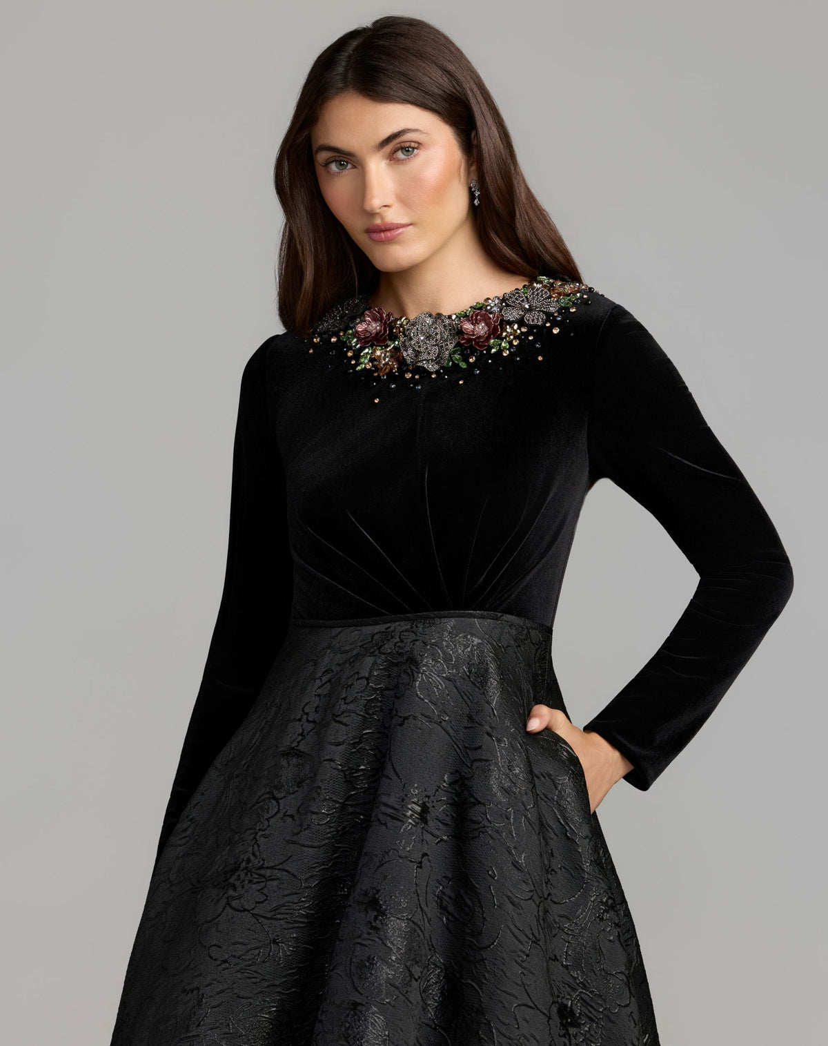 Black Multi Embellished Long Sleeve Brocade Ball Gown - Mac Duggal