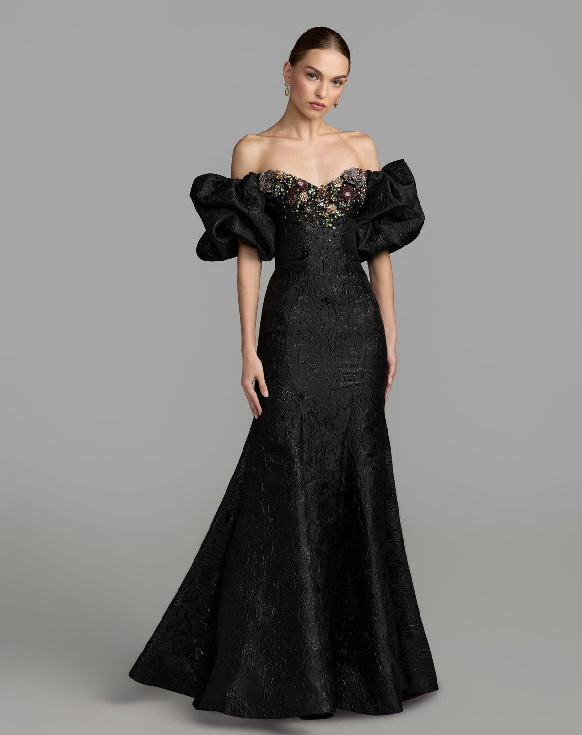 Black Multi Embellished Brocade Off The Shoulder Mermaid Gown - Mac Duggal