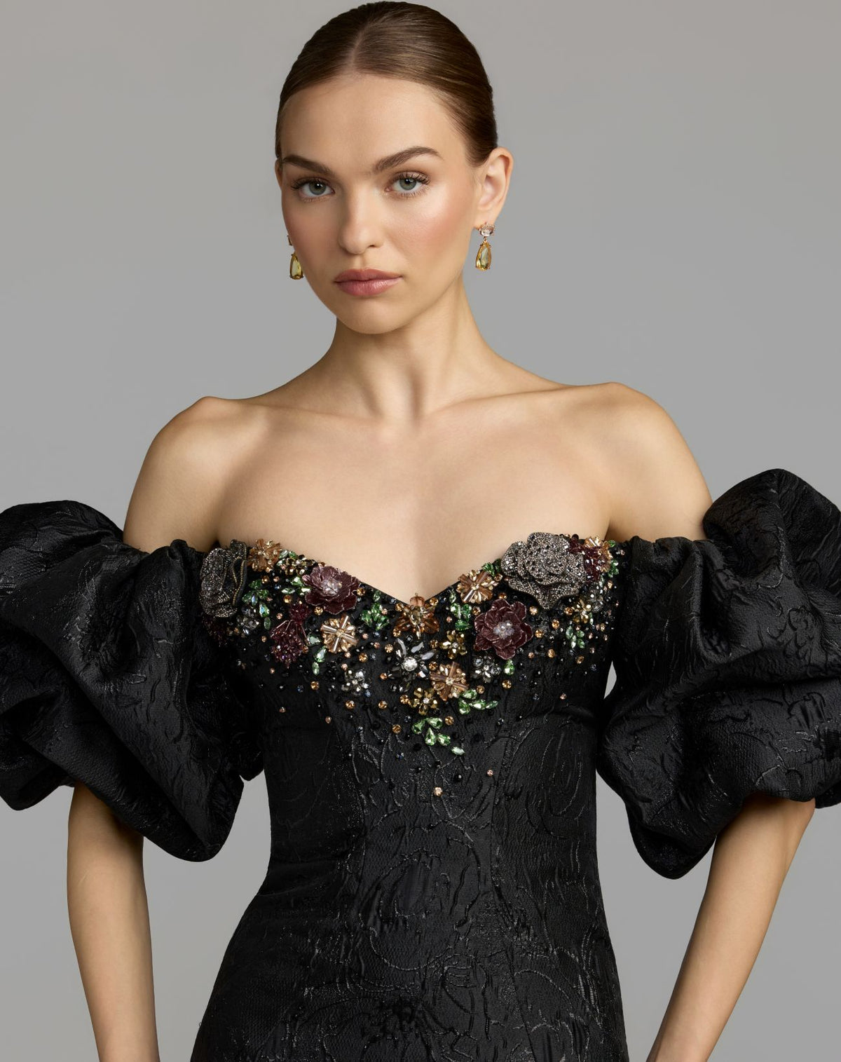 Black Multi Embellished Brocade Off The Shoulder Mermaid Gown - Mac Duggal