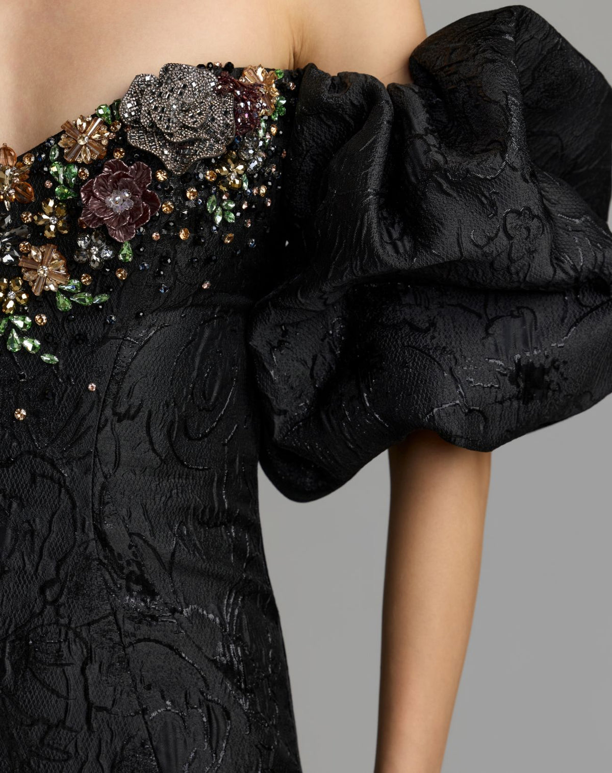 Black Multi Embellished Brocade Off The Shoulder Mermaid Gown - Mac Duggal