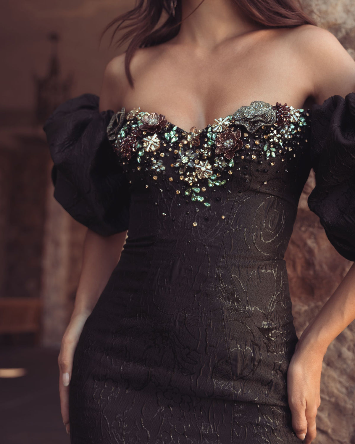 Black Multi Embellished Brocade Off The Shoulder Mermaid Gown - Mac Duggal