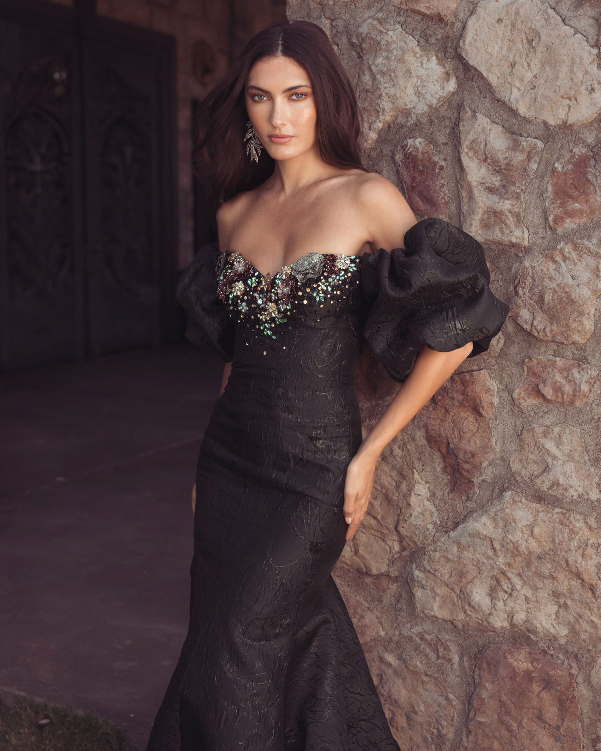 Black Multi Embellished Brocade Off The Shoulder Mermaid Gown - Mac Duggal