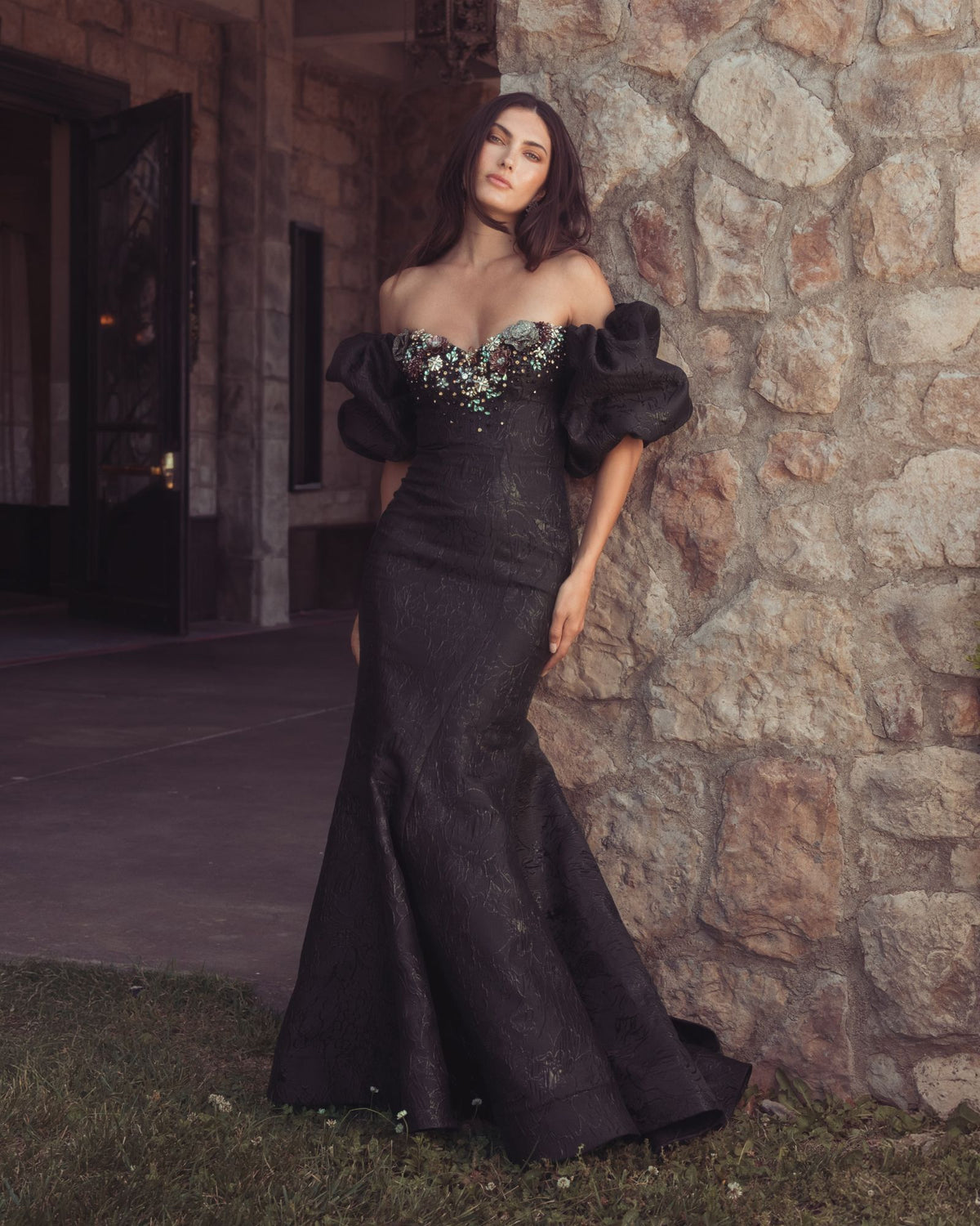 Black Multi Embellished Brocade Off The Shoulder Mermaid Gown - Mac Duggal