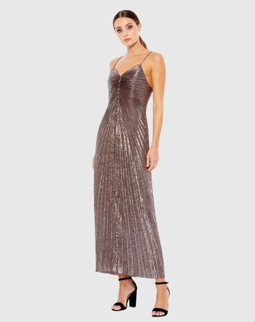 Pleated Metallic V-Neck Maxi Dress