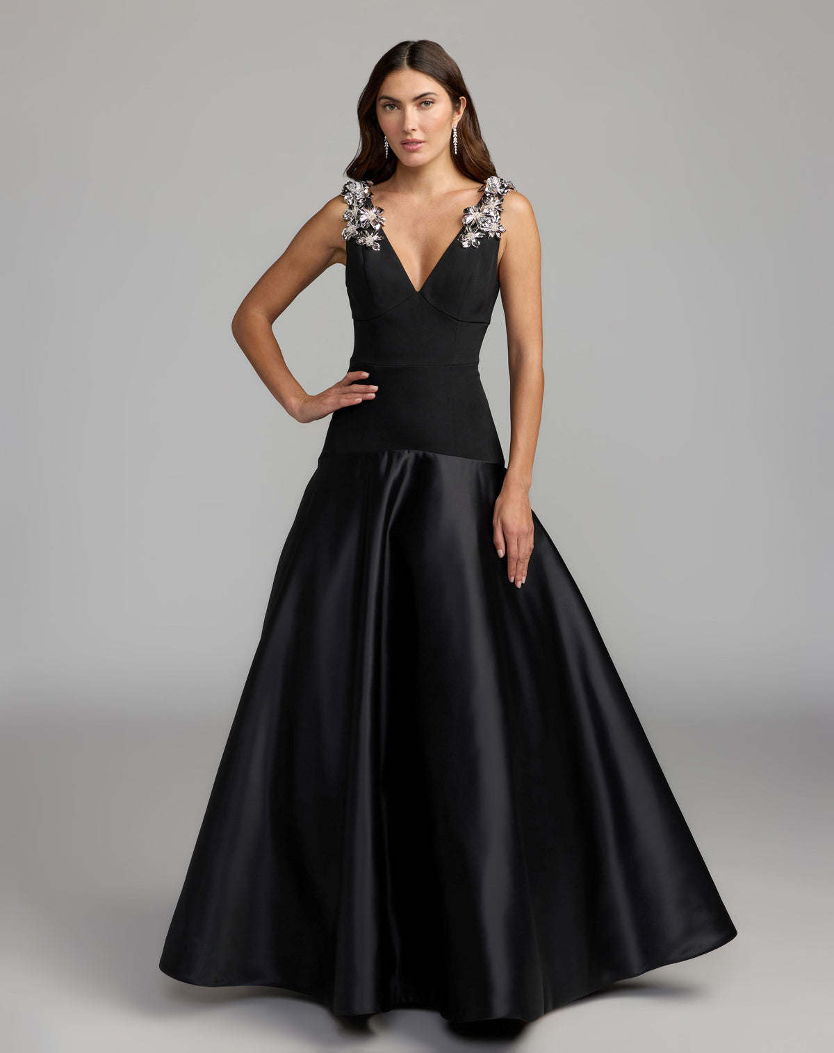 Black Crepe And Satin Plunging V-Neck Ballgown - Ieena for Mac Duggal