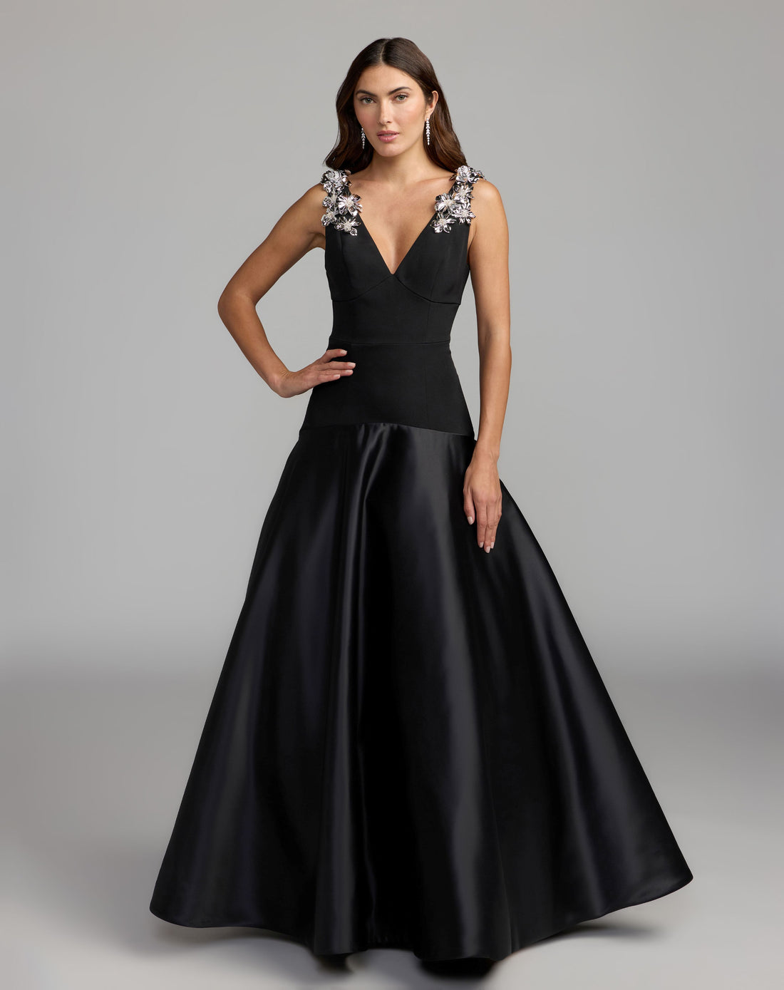 Black Crepe And Satin Plunging V-Neck Ballgown - Ieena for Mac Duggal