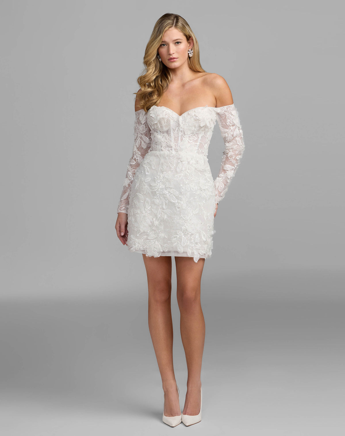 Ivory Floral Lace Off Shoulder Mini Dress Mac Duggal