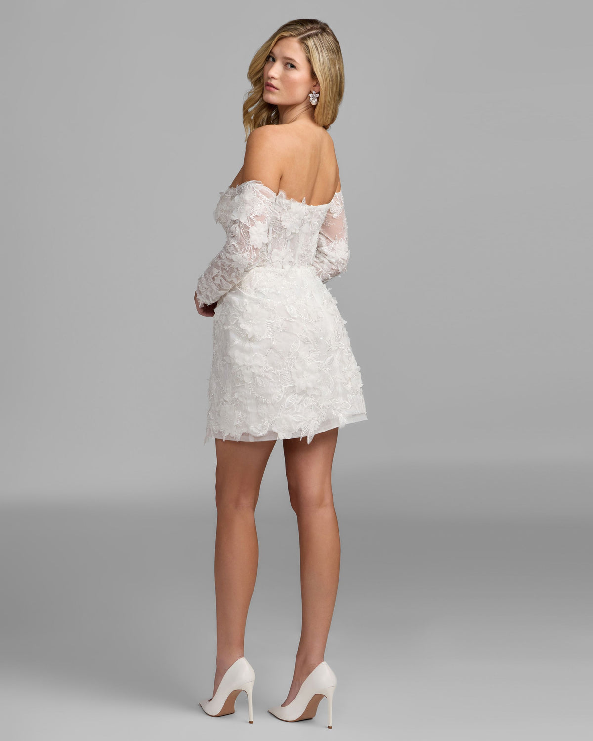 Ivory Floral Lace Off Shoulder Mini Dress Mac Duggal