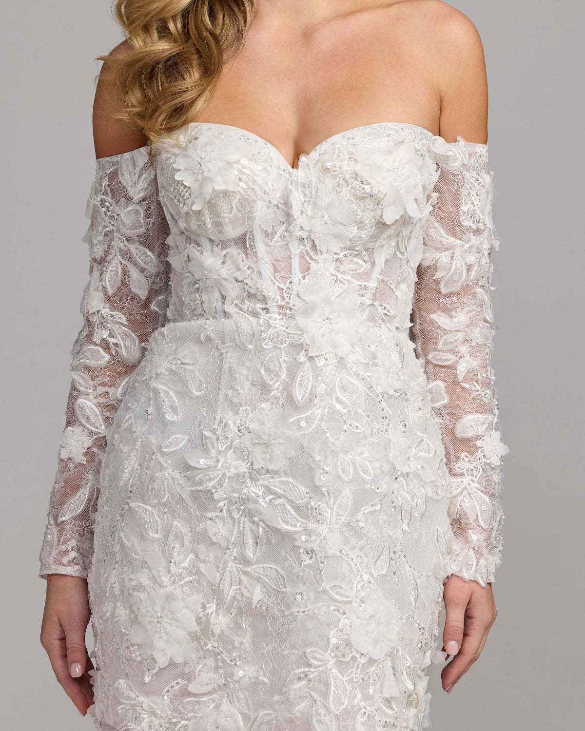 Ivory Floral Lace Off Shoulder Mini Dress Mac Duggal