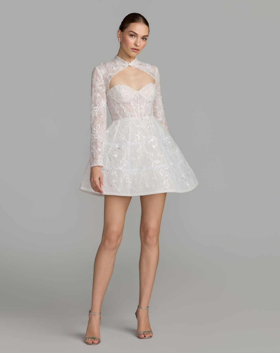 White Long Sleeve Lace A-Line Mini Dress - Mac Duggal
