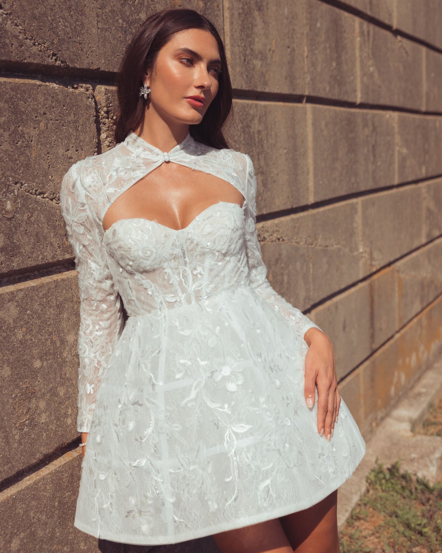 White Long Sleeve Lace A-Line Mini Dress - Mac Duggal