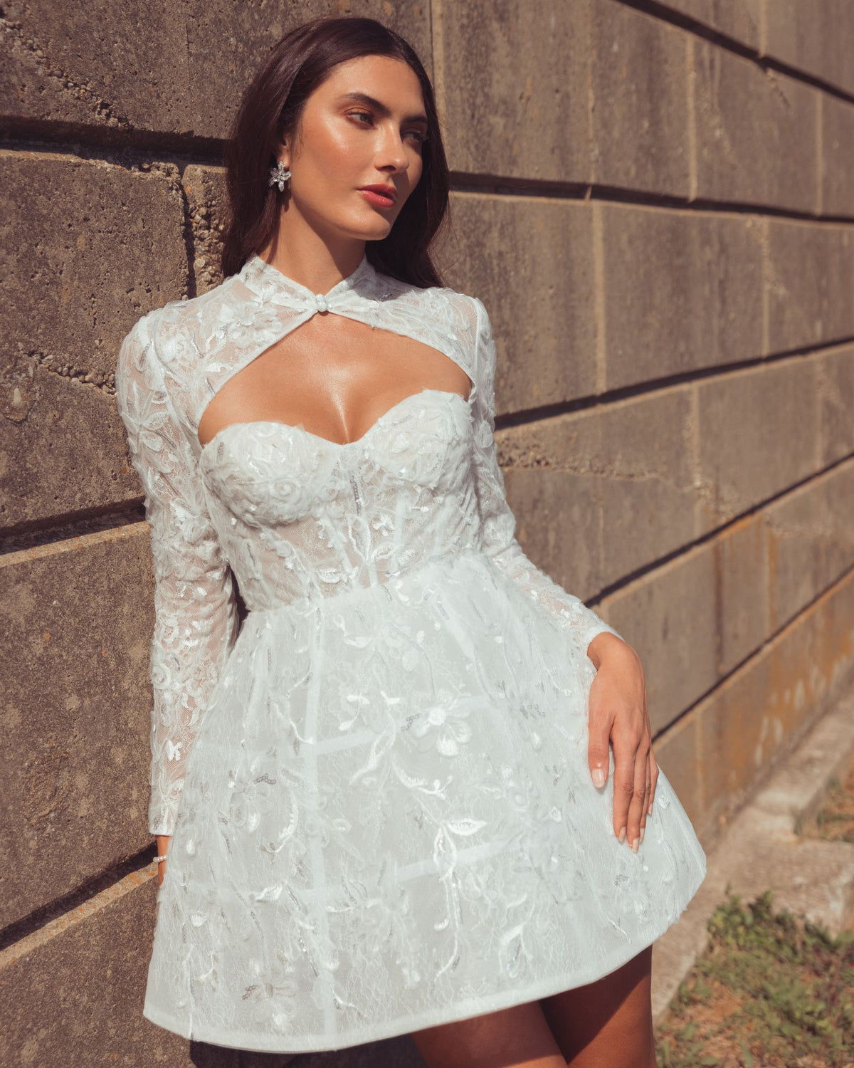 White Long Sleeve Lace A-Line Mini Dress - Mac Duggal